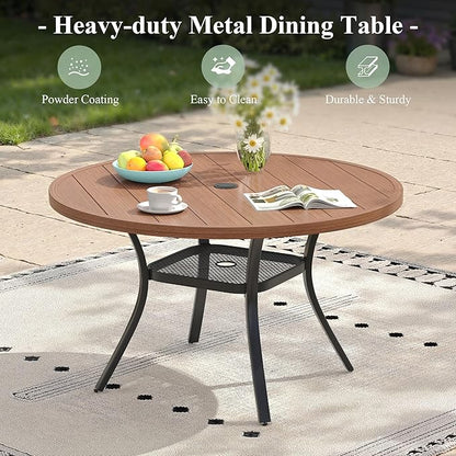 Outdoor Dining Table with Adjustable Umbrella Hole, 40.6" All-Weather Round Patio Dining Table for 4, Metal Patio Table with Storage Shelf for Garden Lawn Porch Deck Yard, Walnut