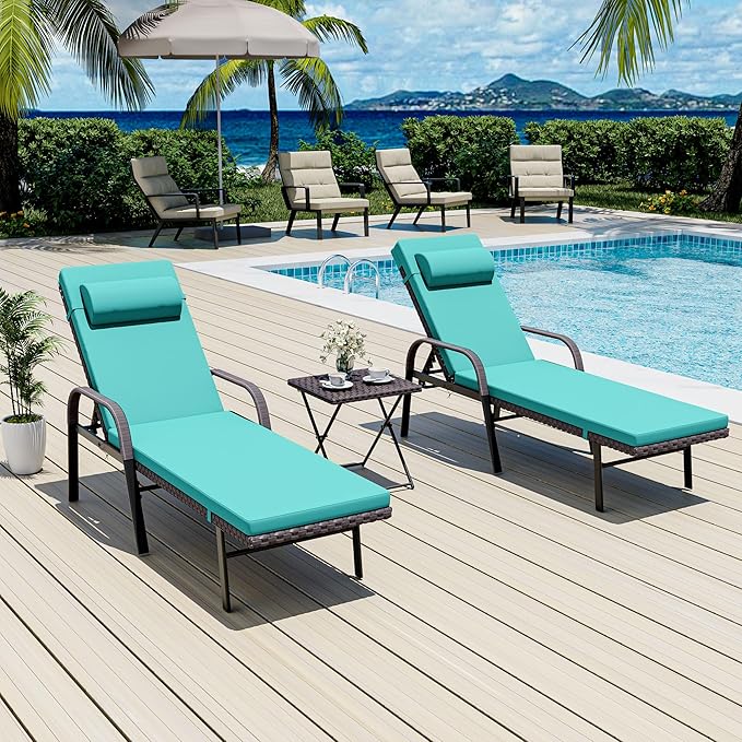 Patio Chaise Lounge Set 3 Pieces Outdoor Lounge Chair with Rattan Adjustable Backrest Armrest and Folding Table for Beach Patio,Sand, for Poolside Backyard Porch