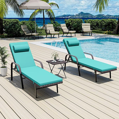 Patio Chaise Lounge Set 3 Pieces Outdoor Lounge Chair with Rattan Adjustable Backrest Armrest and Folding Table for Beach Patio,Sand, for Poolside Backyard Porch