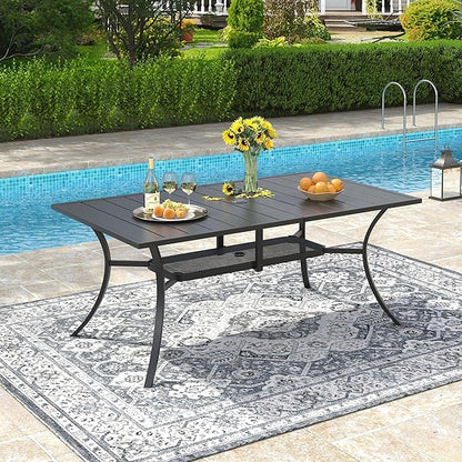 VICLLAX 59" Rectangle Patio Dining Table for 6 Person, Outdoor Metal Slat Table with Umbrella Hole for Porch Backyard Garden Deck, Porch, Black