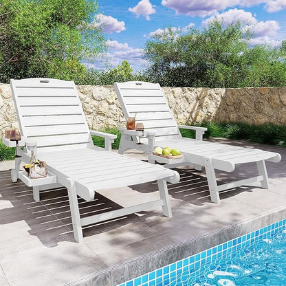 YEFU Chaise Lounge Chairs Set of 2 Outdoor,Pool Lounge Chair with Adjustable Backrest,All Weather Patio Lounge Chair with Cup Holder&Armrest,for Outside,Beach,Deck,Heavy Duty,400lbs Capacity(White)