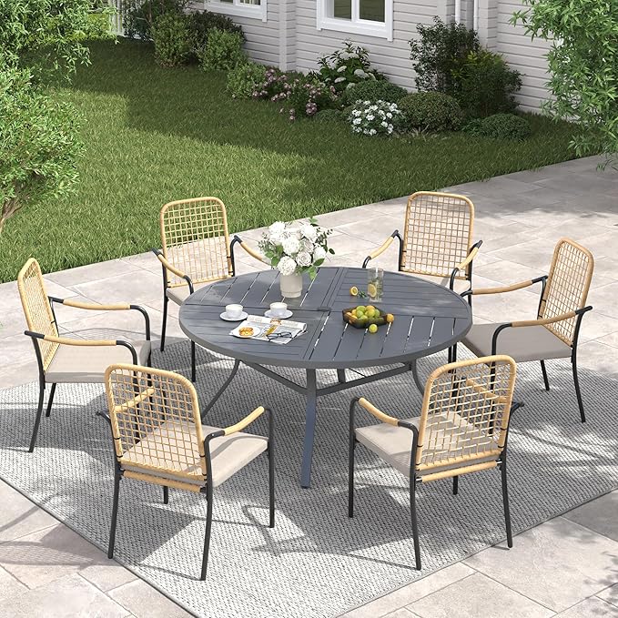 VICLLAX 47.2" Round Patio Table with Umbrella Hole, All Weather Metal Outdoor Dining Table for 6 - Photo 5