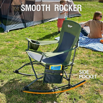 Portal Outdoor Rocking Chair Camping Folding Portable Rocker with Cup Holder Side Pocket Carry Bag, Support 350LBS (Green)