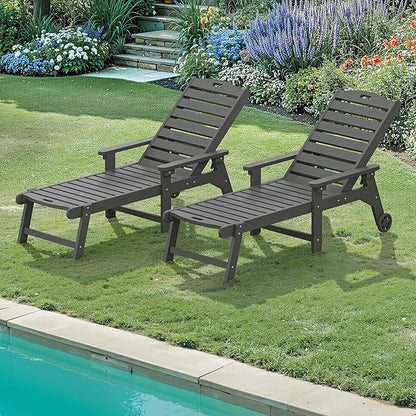 LUE BONA Lounge Chair Outdoor Set of 2, HDPS Chaise Lounge Outdoor with Wheels, 5 Positions Adjustable Pool Lounger Chairs for Outside, Patio, Dark Gray