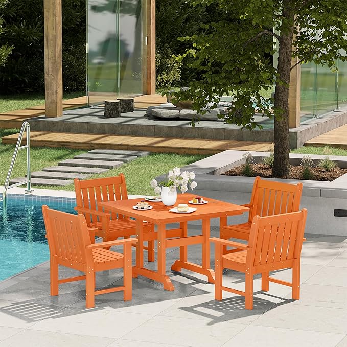 Costaelm Outdoor Dining Arm Chair, Patio HDPE Garden Dining Table Chair, Poly Lumber Waterproof Restaurant Bistro Farmhouse Chairs for Outside Porch Backyard, Orange