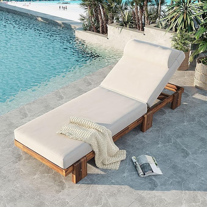Merax 78.8'' Outdoor Patio Chaise Lounge Chair, Acacia Wood Adjustable Recliner with Headrest and Retractable Side Tray - Photo 6