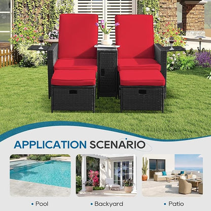 5PCS Outdoor Wicker Chaise Lounge Chair - Rattan Adjustable Reclining Patio Lounge Chair with Ottoman and Coffee Table, for Patio Beach Pool Backyard (Black Wicker Red Cushion)