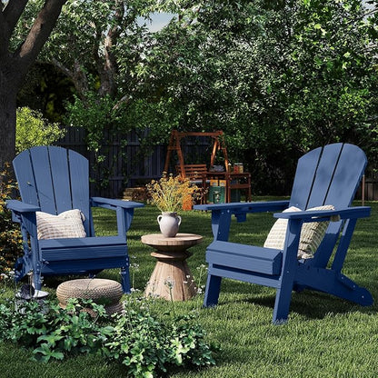Foldable Adirondack Chair with Cup Holder-Heavy Duty Recycled HDPE Outdoor Patio Furniture, Weather Resistant Deck Lawn Fire Pit Chair (Navy, 2 Chair)