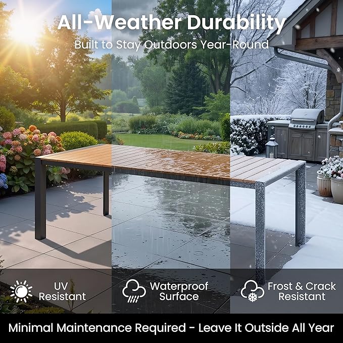 Crestlive Products Outdoor Dining Table for 6, 71in Aluminum Patio Table with Umbrella Hole Weather-Resistant Rectangle Outside Table for Garden Backyard Indoor, Brown