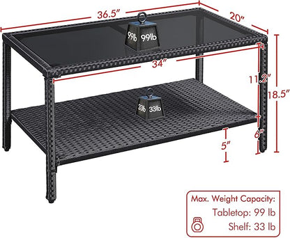 Yaheetech Outdoor Wicker Coffee Side Table, All-Weather Rattan Patio Storage Furniture with Tempered Glass Top for Garden, Black
