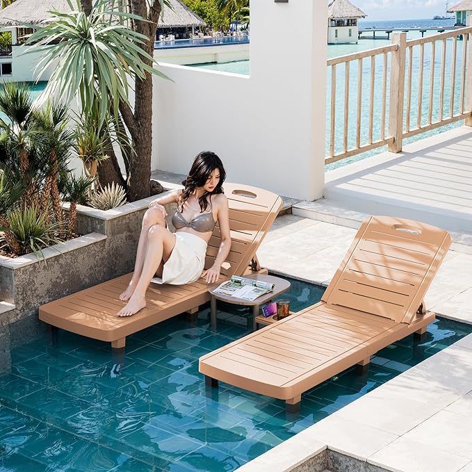 WACASA Outdoor Chaise Lounge Chairs Set of 2, Oversized Lounge Chairs with 5-Level Adjustable Backrest & Cup Holder, Resin Waterproof Pool Lounge Chair for Poolside, Patio, Beach, Yard, Brown