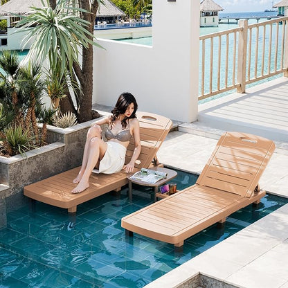 WACASA Outdoor Chaise Lounge Chairs Set of 2, Oversized Lounge Chairs with 5-Level Adjustable Backrest & Cup Holder, Resin Waterproof Pool Lounge Chair for Poolside, Patio, Beach, Yard, Brown