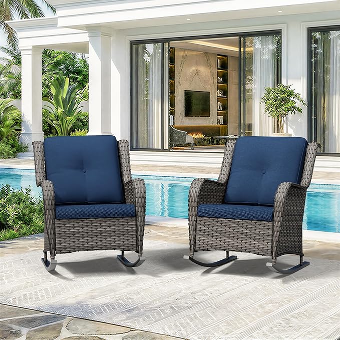 Patio Rocking Chairs Set of 2, Outdoor Wicker Patio Furniture Set 2 Pieces with Thickened Olefin Cushions - Photo 8