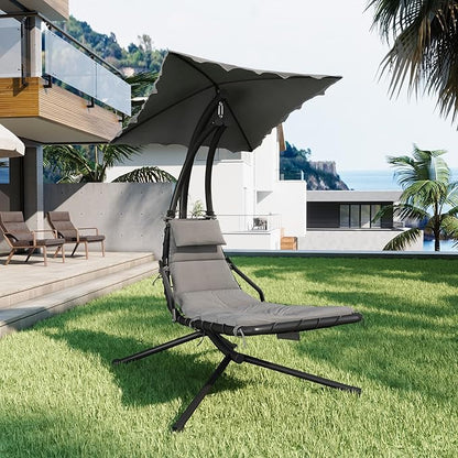 Hanging Chaise Lounge Swing Chair, Hanging Curved Chaise Lounge Chair Umbrella, Curved Steel Hammock Lounger Chairs for Outdoor Indoor Patio Pool Garden Backyard Porch