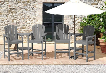 KINGYES Tall Adirondack Chairs Set of 4, All Weather Embossed Balcony Height Chair with Double Connecting Trays, Tall Poly Adirondack Chair, High Airondack Chair with Wood Grain, Backyard, Deck, Gray