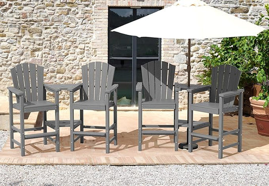 KINGYES Tall Adirondack Chairs Set of 4, All Weather Embossed Balcony Height Chair with Double Connecting Trays, Tall Poly Adirondack Chair, High Airondack Chair with Wood Grain, Backyard, Deck, Gray