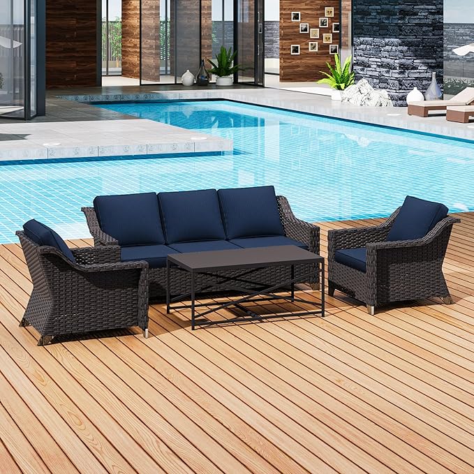 4 Pieces Outdoor Conversation Furniture Set - 77" Patio Sofa, 2 Wicker Armchairs, 1 Metal Coffee Table - Photo 6