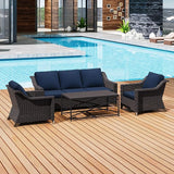 4 Pieces Outdoor Conversation Furniture Set - 77" Patio Sofa, 2 Wicker Armchairs, 1 Metal Coffee Table - Photo 6