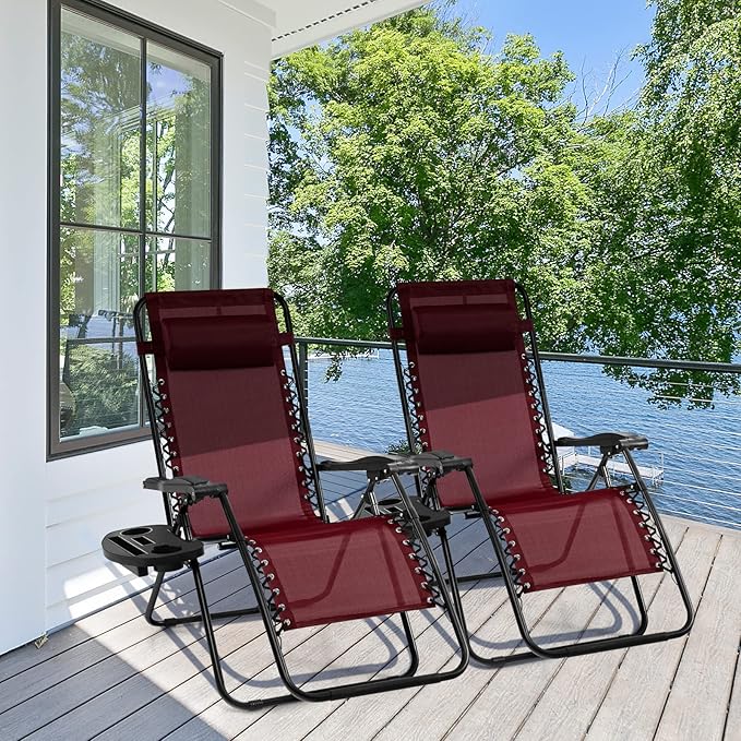 Giantex 2 PCS Zero Gravity Chair, Outdoor Chaise Lounge with Cup Holder - Photo 2