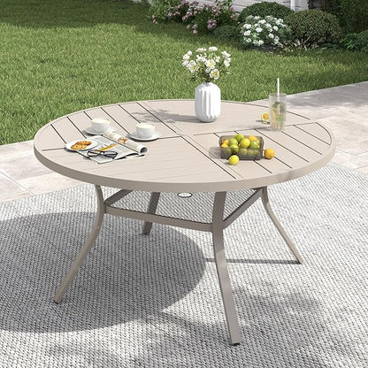 VICLLAX 47.2" Round Patio Table with Umbrella Hole, All Weather Metal Outdoor Dining Table for 6, Outside Table with Storage Shelf for Lawn Garden, Sandshell Color