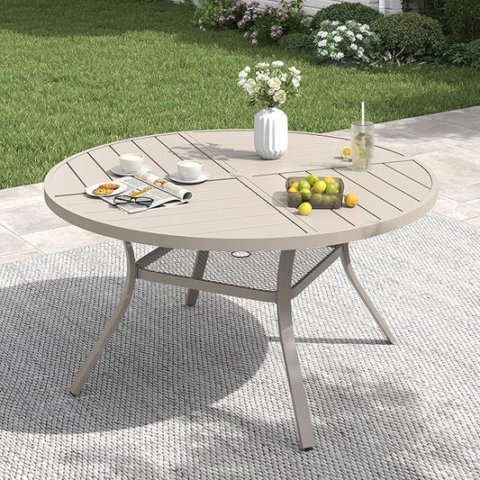 VICLLAX 47.2" Round Patio Table with Umbrella Hole, All Weather Metal Outdoor Dining Table for 6, Outside Table with Storage Shelf for Lawn Garden, Sandshell Color