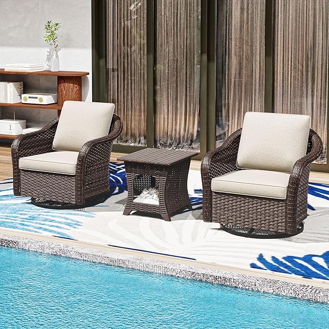 Outdoor Wicker 360 Degree Swivel Glider Rocker Chairs Set of 2 with Cat House Side Table - Photo 8