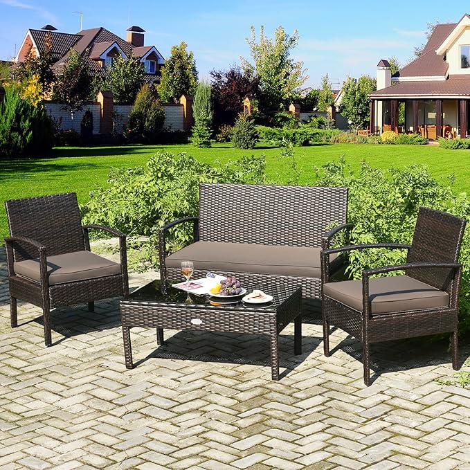 COSTWAY Outdoor Patio Furniture Set 4 Pieces, Wicker Conversation Set with Tempered Glass Topped Table, Seat Cushions, Rattan Chair Wicker Sofa for Backyard Balcony Porch Poolside