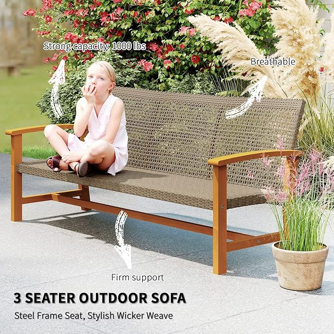 Outsunny Wicker Outdoor Couch, 3-Seat Rattan Outdoor Patio Sofa, 1000 lbs. Capacity, Acacia Wood Patio Furniture Couch with Steel Seat and Armrests for Backyard, Porch, Teak