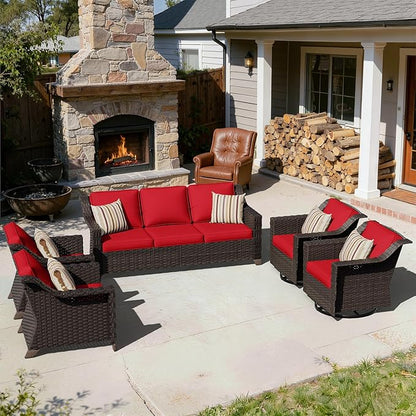 5 Pieces Patio Conversation Furniture Set - 1 Sofa, 2 Armchairs, 2 Swivel Chairs, Outdoor Wicker Furniture with Removable Cushions for Porch, Balcony, Sunroom (Red)