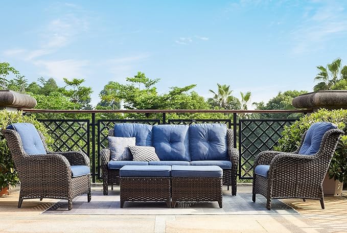 Rilyson Outdoor Furniture Set, 5-Piece Patio Rattan Wicker Sectional Sofa Set with 3-Seat Couch, 2 Armchairs - Photo 6