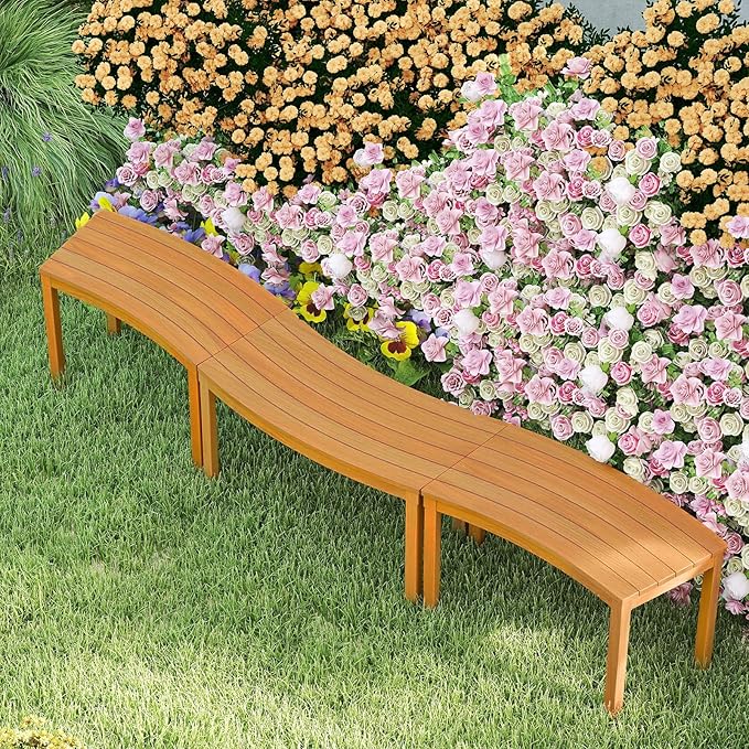 Tangkula Acacia Wood Outdoor Curved Bench Set of 3, Patio Garden Backless Fire Pit Bench with 1200 lbs Weight Capacity - Photo 1
