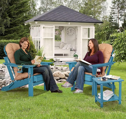 nalone Folding Adirondack Chairs Set of 2 with Cushion with Cup Holder, HDPE Plastic Oversized Patio Chair Weather Resistant, Used in Outdoor, Fire Pit, Deck, Garden, Campfire Chairs (Blue)