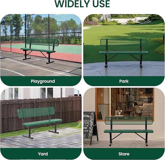 6 Feet Steel Park Bench for Outside, Outdoor Bench with Backrest & Portable Frame, Commercial Benches for Shopping Malls, Stores, Parks, Patios, Decks, Green