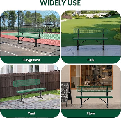 6 Feet Steel Park Bench for Outside, Outdoor Bench with Backrest & Portable Frame, Commercial Benches for Shopping Malls, Stores, Parks, Patios, Decks, Green