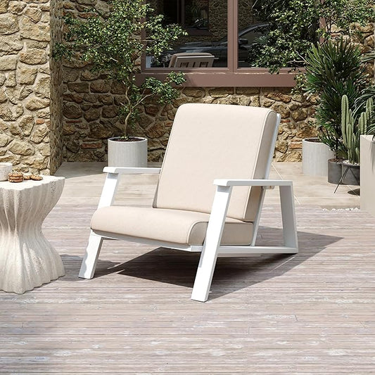 Christopher Knight Home Smeb Lounge Chair Outdoor with Cushions, Acacia Wood Adirondack Chair, Slatted Design Side Chair, Extra Seating for Balcony Backyard Poolside Garden, White + Beige