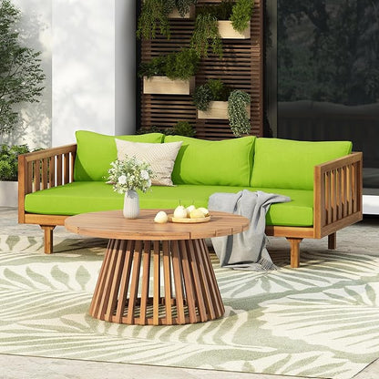 Merax Outdoor Acacia Wood Conversation Set - Patio 3-Seat Loveseat Sofa w/Coushion and Round Coffee Table for Backyard, Lawn, Balcony, Teak+Green/Light Teak
