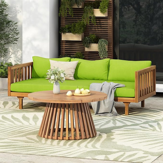 Merax Outdoor Acacia Wood Conversation Set - Patio 3-Seat Loveseat Sofa w/Coushion and Round Coffee Table for Backyard, Lawn, Balcony, Teak+Green/Light Teak