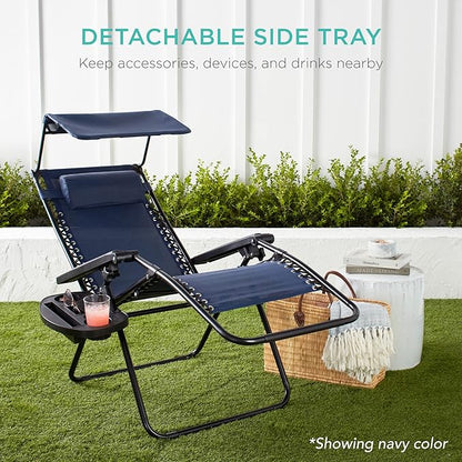 Best Choice Products Folding Zero Gravity Outdoor Recliner Patio Lounge Chair w/Adjustable Canopy Shade, Headrest, Side Accessory Tray, Textilene Mesh - Light Blue