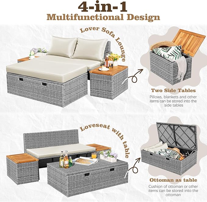 Flamaker Outdoor Rattan Daybed with 2 Side Tables, Multifunctional Wicker Patio Sofa with Storage Ottoman, Cushions - Photo 6