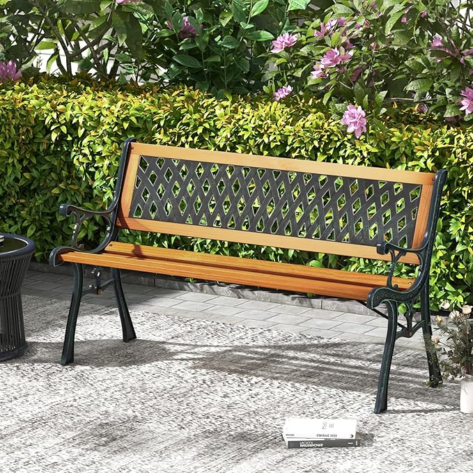 Tangkula Outdoor Garden Bench Park Bench, Patio Bench Chair with Cast Iron & Hardwood Structure - Photo 2