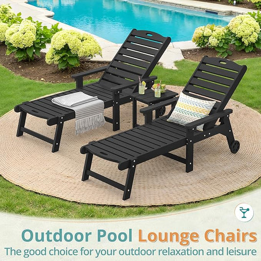 LUE BONA Lounge Chair Outdoor Set of 4, HDPS Chaise Lounge Outdoor with Wheels, 5 Positions Adjustable Pool Lounger Chairs for Outside, Patio, Deck, Black