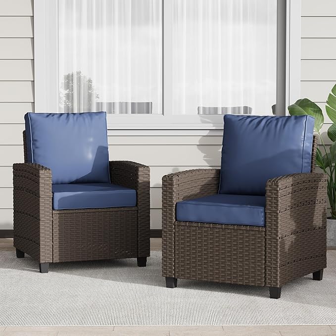 2 Pieces Patio Furniture Set, Outdoor Wicker Chairs Set of 2, All Weather High Back Rattan Chairs, Seating Club Chair Porch Chairs Set with Cushions for Balcony Porch Deck, Blue