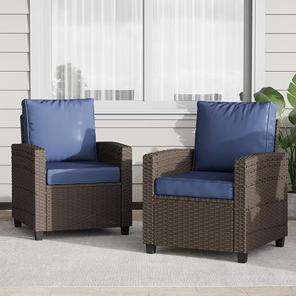 2 Pieces Patio Furniture Set, Outdoor Wicker Chairs Set of 2, All Weather High Back Rattan Chairs, Seating Club Chair Porch Chairs Set with Cushions for Balcony Porch Deck, Blue