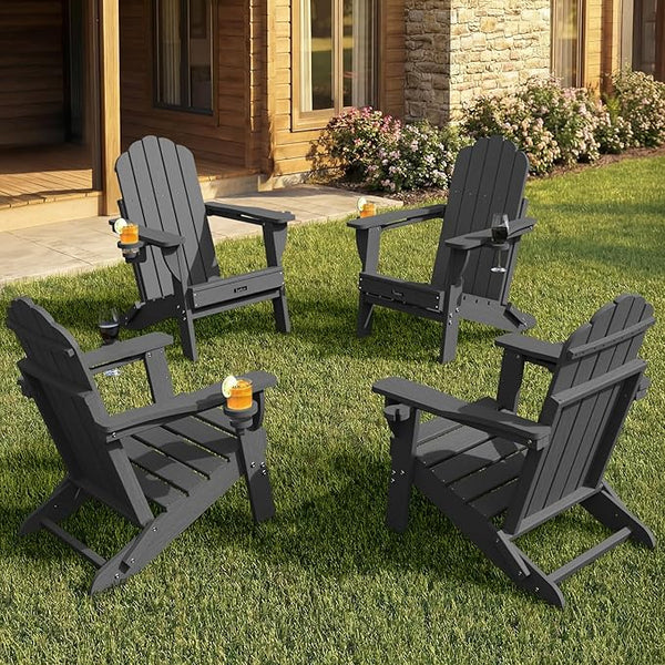Adirondack Chairs Set of 4, Foldable Adirondack Chairs with 2 Cup Holder, Wood Texture HDPE Fire Pit Chairs - Photo 1