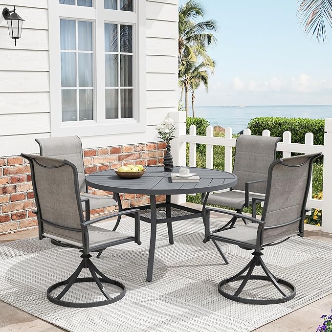 Patio Dining Table for 4, Round Metal Outdoor Table with Storage Shelf, 1.57" Umbrella Hole, 41" Outdoor Quartered Tabletop Dining Table for Backyard, Porch, Lawn, Dark Grey