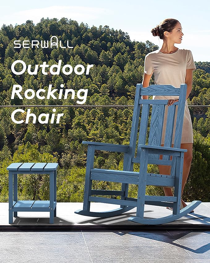 SERWALL Oversized Rocking Chair, HDPE Outdoor Rocking Chairs Set of 4, Patio Rocking Chair Sets for Adults, Blue