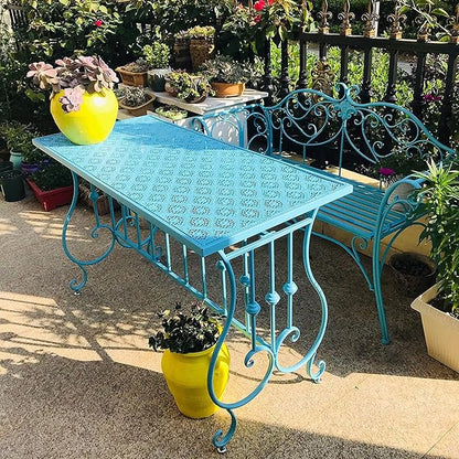 Park Bench Patio Garden Bench Backyard Benches, Metal Garden Bench Seat Park Chair Patio Decoration Furniture, Beautiful Shabby Vintage Outdoor Bench with Backrest (Color : Blue)