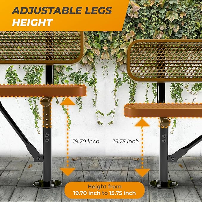 Heavy-Duty Outdoor Metal Bench, Thermoplastic-Coated, Surface, Weatherproof, Commercial-Grade for Parks, Gardens, Patios, Stores & More (8 Ft - Surface with Back, Brown)