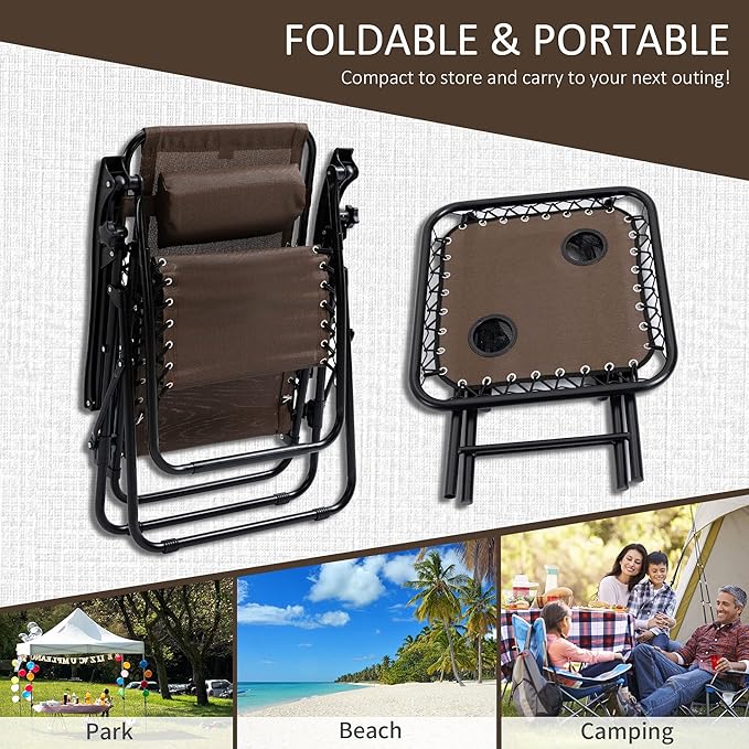 Outsunny Zero Gravity Chair Set with Side Table, Folding Reclining Chair with Cupholders & Pillows, Adjustable Lounge Chairs for Pool, Backyard, Lawn, Beach, Brown