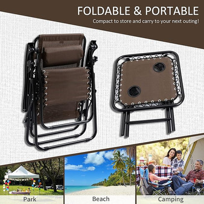 Outsunny Zero Gravity Chair Set with Side Table, Folding Reclining Chair with Cupholders & Pillows, Adjustable Lounge Chairs for Pool, Backyard, Lawn, Beach, Brown